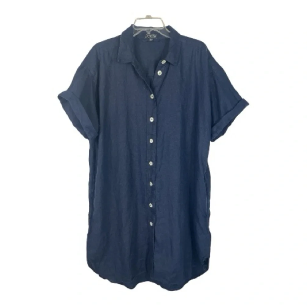 J.CREW Sz L Navy Blue Capitaine 100% Linen Shirtdress EUC Minimalist Summer - Picture 2 of 10